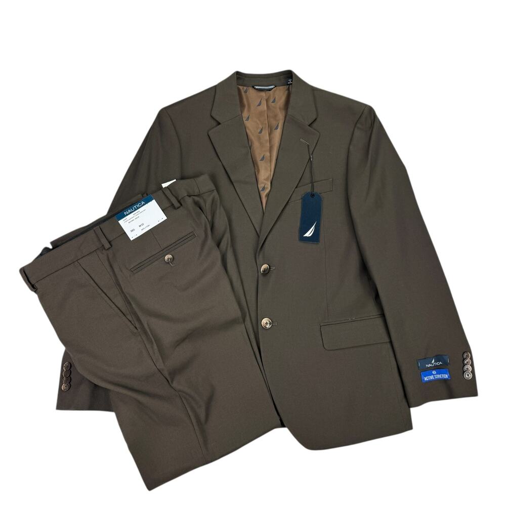 Nautica Mens 2-Piece Modern Fit Active Stretch Solid Suit Brown 38S 32W